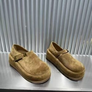 Women’s Brown Distressed Suede Platform Clogs With Gold Metal Buckle, Two-Way Wear Slip-On Closed Toe Casual Mules