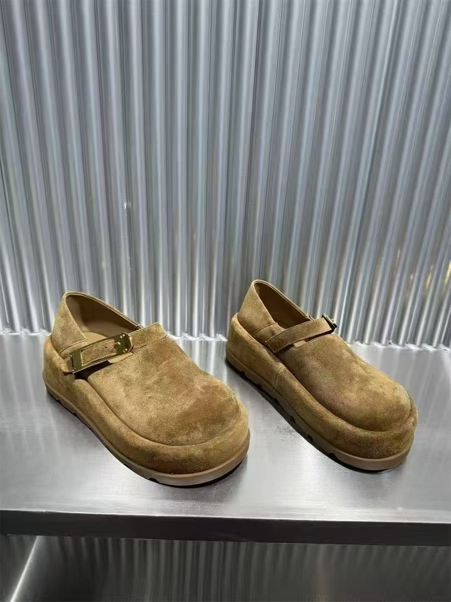 Women’s Brown Distressed Suede Platform Clogs With Gold Metal Buckle, Two-Way Wear Slip-On Closed Toe Casual Mules