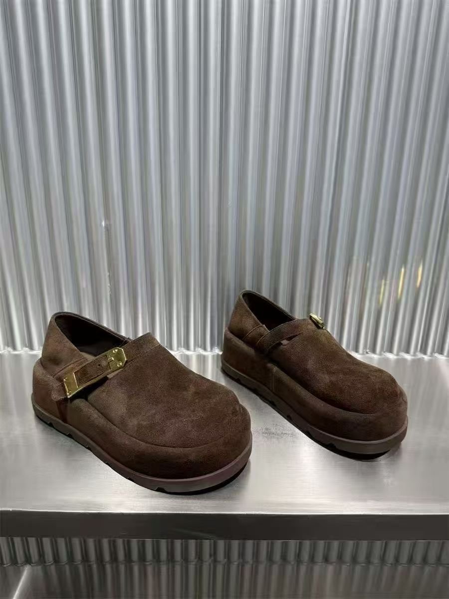 Women’s Brown Distressed Suede Platform Clogs With Gold Metal Buckle, Two-Way Wear Slip-On Closed Toe Casual Mules - Image 3