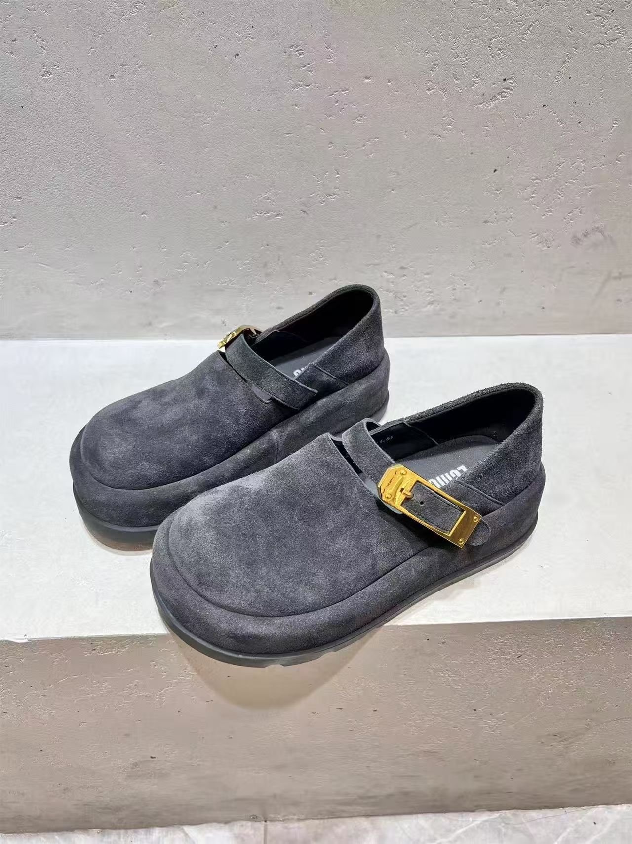 Women’s Brown Distressed Suede Platform Clogs With Gold Metal Buckle, Two-Way Wear Slip-On Closed Toe Casual Mules - Image 4