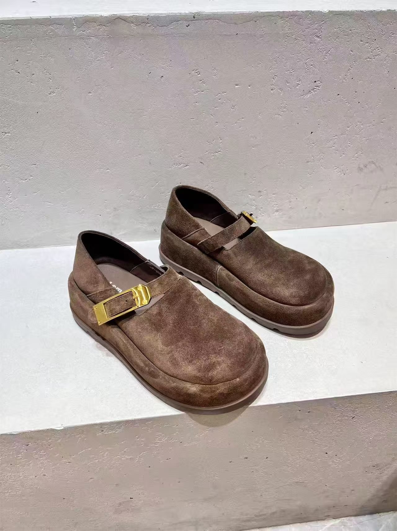 Women’s Brown Distressed Suede Platform Clogs With Gold Metal Buckle, Two-Way Wear Slip-On Closed Toe Casual Mules - Image 5