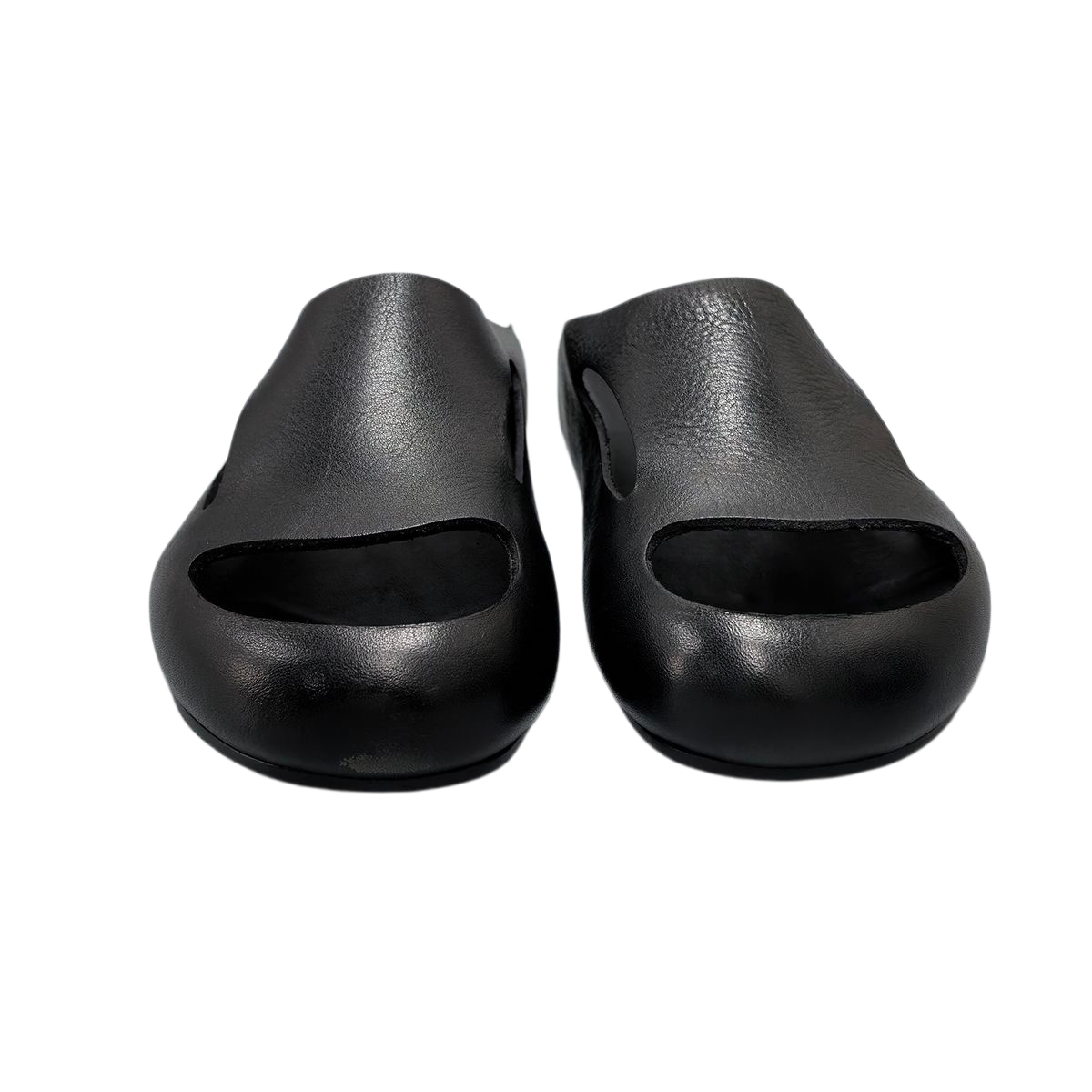 Minimalist Black Leather Cutout Mules, Smooth Full-Grain Leather Closed Toe Slip-On Flats For Ladies - Image 3