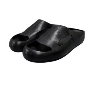 Minimalist Black Leather Cutout Mules, Smooth Full-Grain Leather Closed Toe Slip-On Flats For Ladies