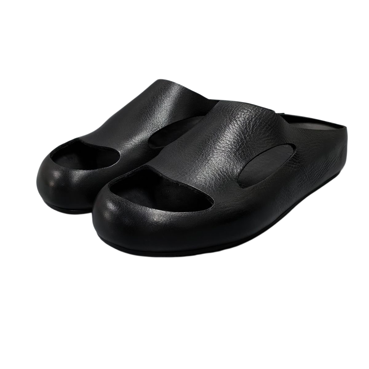 Minimalist Black Leather Cutout Mules, Smooth Full-Grain Leather Closed Toe Slip-On Flats For Ladies