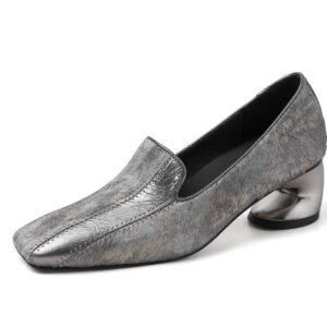 Sculptural Curved Heel Metallic Horse Hair Loafers, Retro Square Toe Slip-On Mid Heel Ladies Dress Shoes