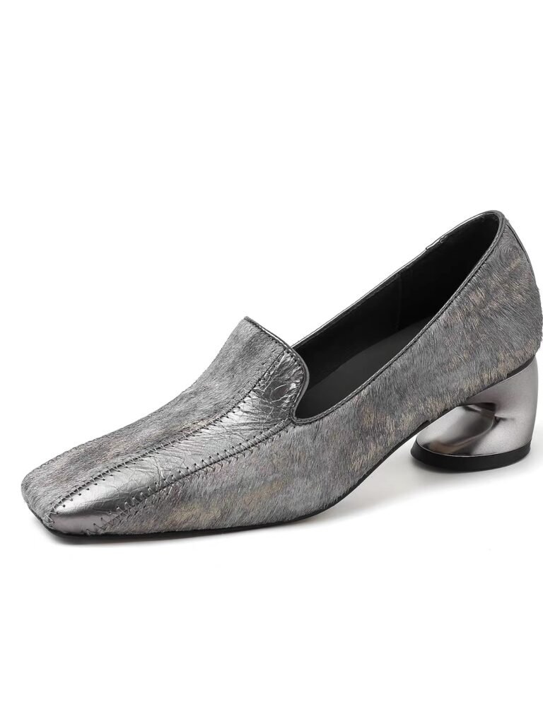 Sculptural Curved Heel Metallic Horse Hair Loafers, Retro Square Toe Slip-On Mid Heel Ladies Dress Shoes