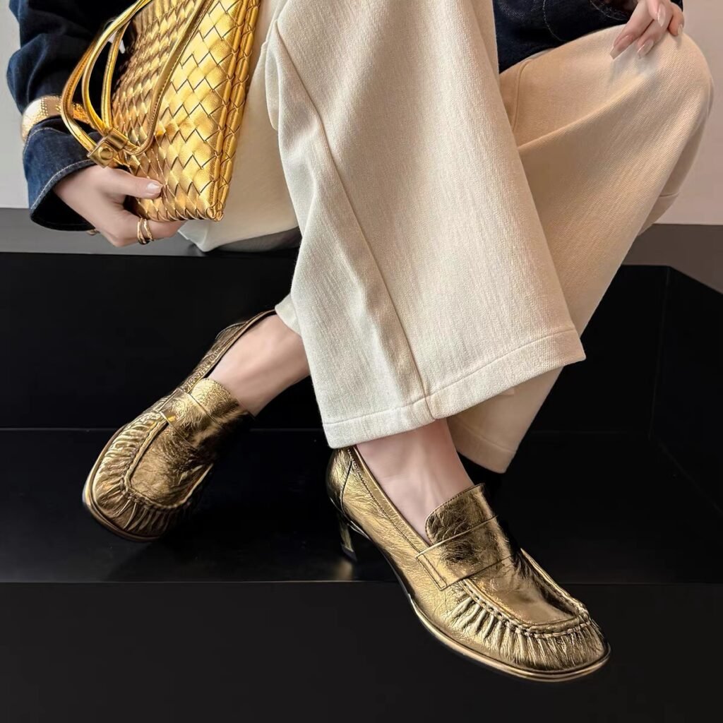 Vintage Metallic Gold Ruched Leather Loafers, Square Toe Slip-On Mid Thin Heel Ladies Dress Shoes