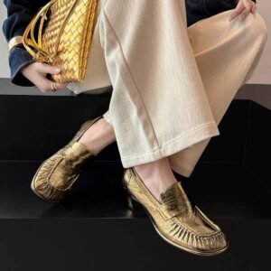 Vintage Metallic Gold Ruched Leather Loafers, Square Toe Slip-On Mid Thin Heel Ladies Dress Shoes